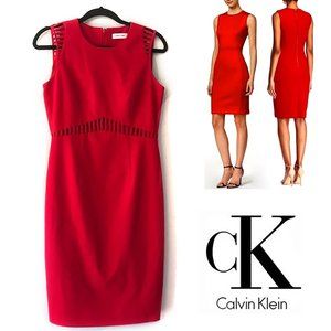 NWOT $170  2 XS CLAVIN KLEIN Red Dress Cut Out Office Cocktail Sheath Shift Knee